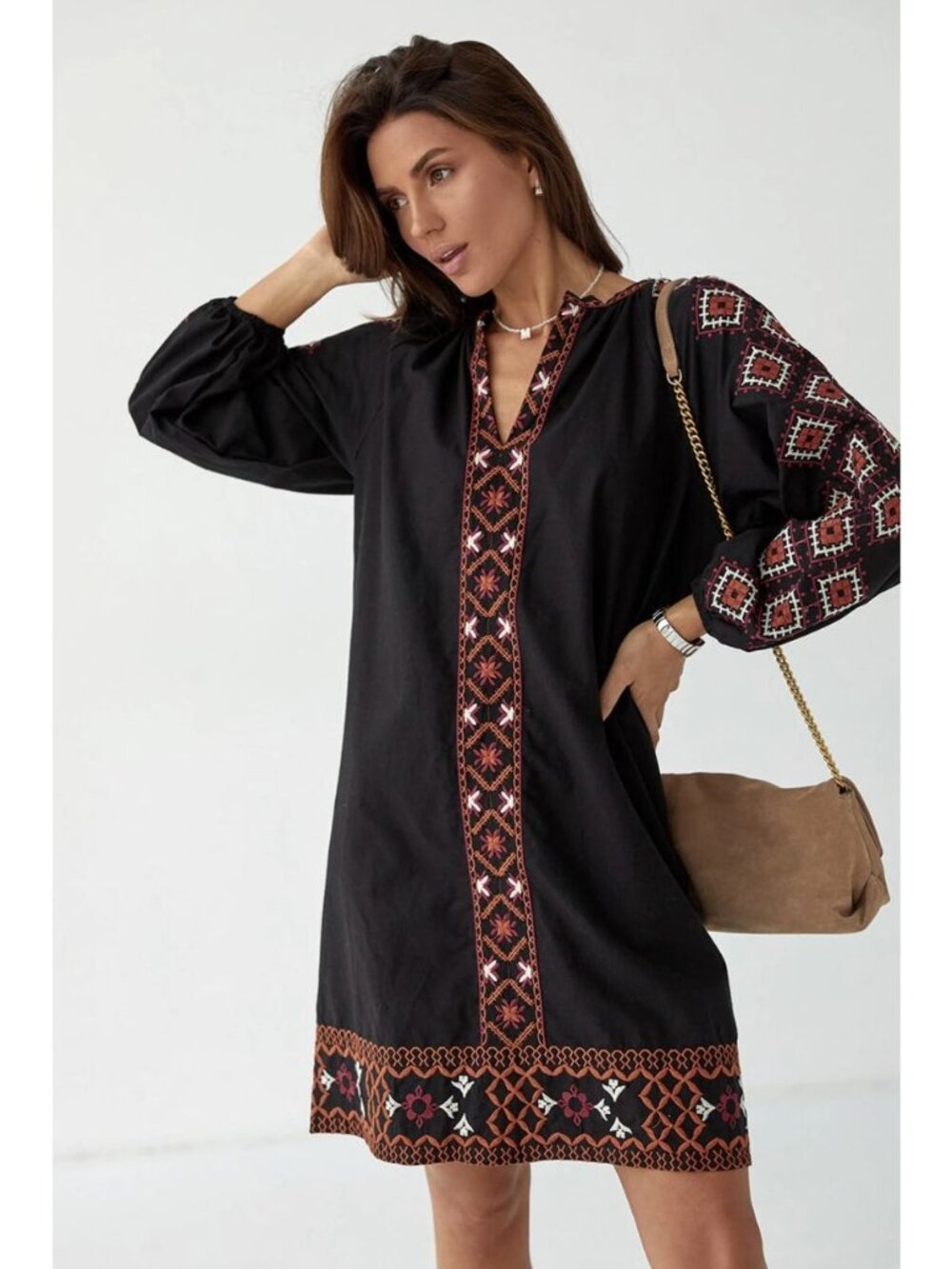Black Boho Tunic Dress Geometric Embroidery Long Sleeve Shift Size M Fall Winter